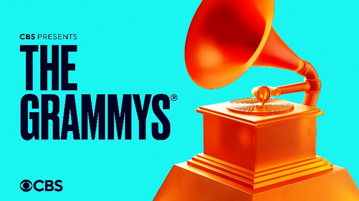 Gold Grammy award and black CBS logo on teal background