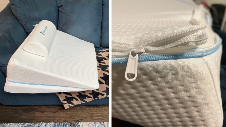 Photo collage of the Relax Support Memory Foam Adjustable Wedge Pillow in horizontal position and a close-up of the zipper.
