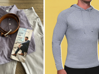 A pair of chinos, a purple polo, a belt, and a pamphlet from State and Liberty on a tabletop, alongside a product shot of a model wearing a fitted gray hoodie.