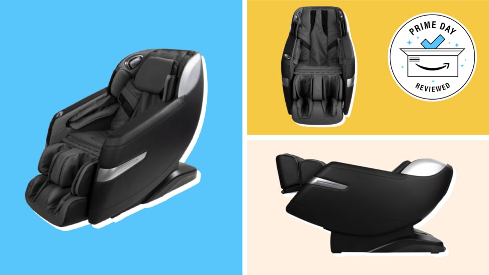 The Osaki Titan Quantum Black Massage Chair in various positions on a blue, tan, and yellow background.