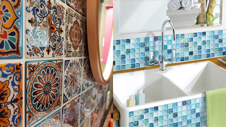 On the left, a Mexican-inspired tile. On the right, a bright aqua tile.