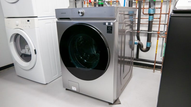 The Samsung WF53BB8700AT large capacity washing machine is set up in our laundry testing lab.