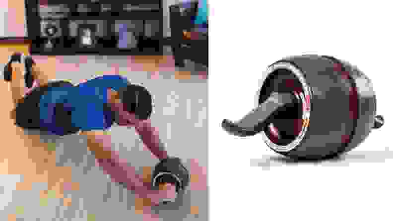 Left: A man in athletic clothes, working out facedown using an ab roller. Right: The Perfect Fitness Ab Carver Pro Roller.