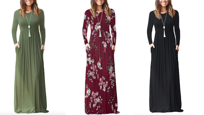 Three women wearing a long-sleeved maxi dress