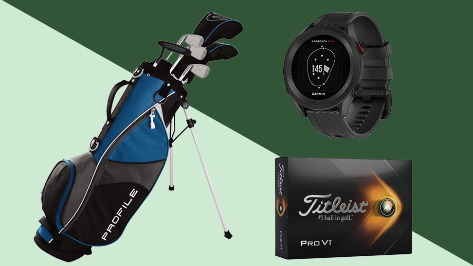 An image of a set of golf clubs in a blue bag, propped up on a stand, next to an image of a box of Titleist golf balls and an image of a Garmin S12 GPS watch.