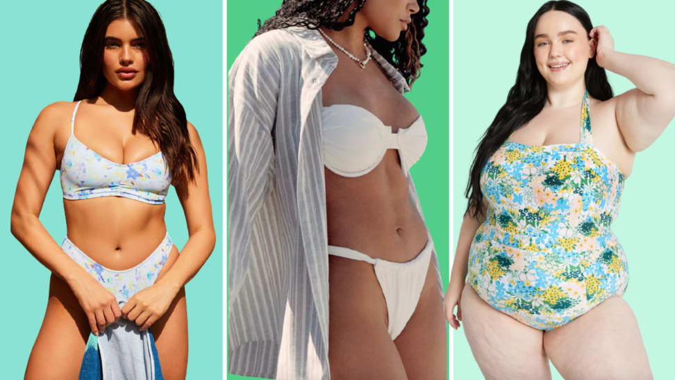 Three swimsuits in light colors like white, light blue, and teal