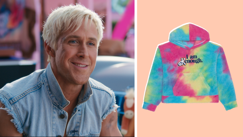 On the left is a film still of Ryan Gosling as Ken, and on the right is a tie-dye style hoodie with embroidery that reads “I am Kenough.”