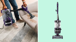A collage with a Shark Lift-Away vacuum and someone using it to clean a couch.