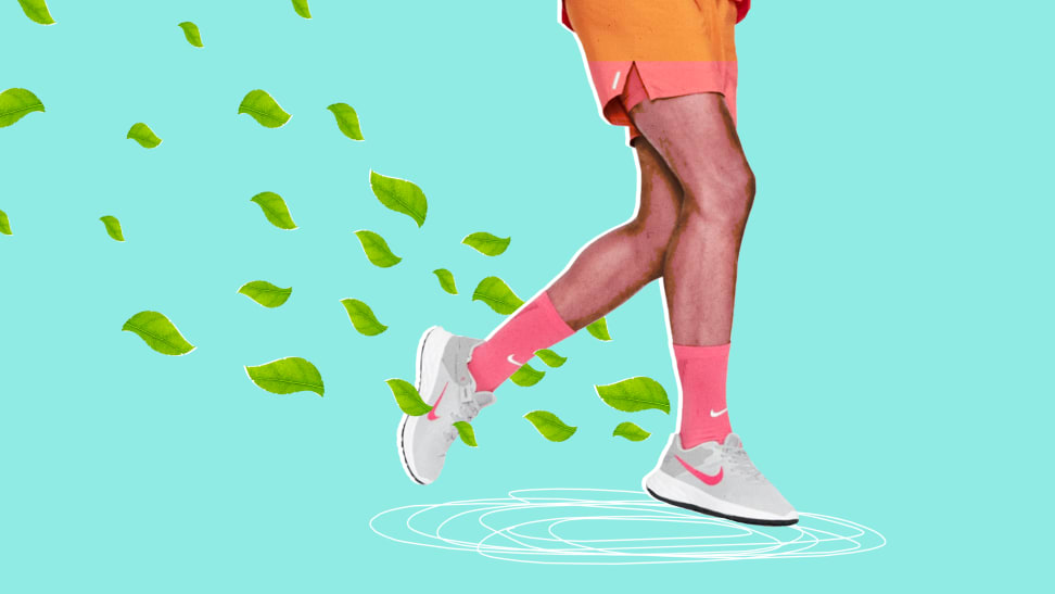 Graphic illustration of person running in sustainable Nike shoes, with green leaves trailing them.