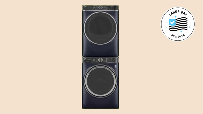 A black stackable washer on a tan background with a Labor Day badge.