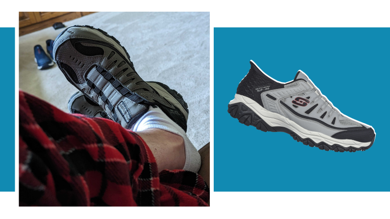 The Skechers Slip-ins: After Burn M. Fit - Ridgeburn shoe side-by-side on a blue background.