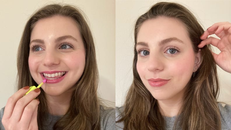 One image of tester Jessica Kasparian applying Youthforia lip gloss next to an "after" image of Jessica's face.