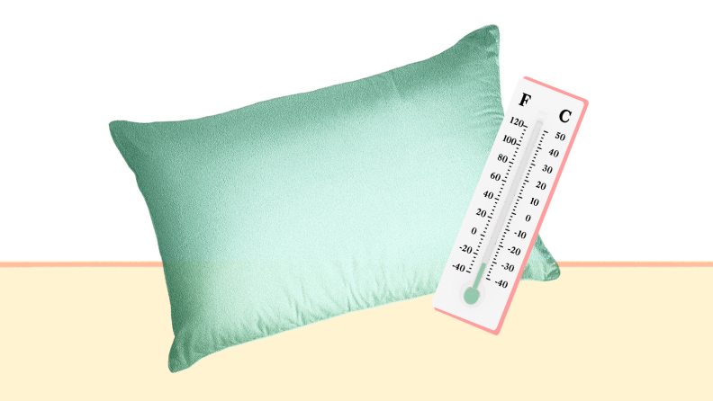 Cartoon graphic of thermometer next pillow.