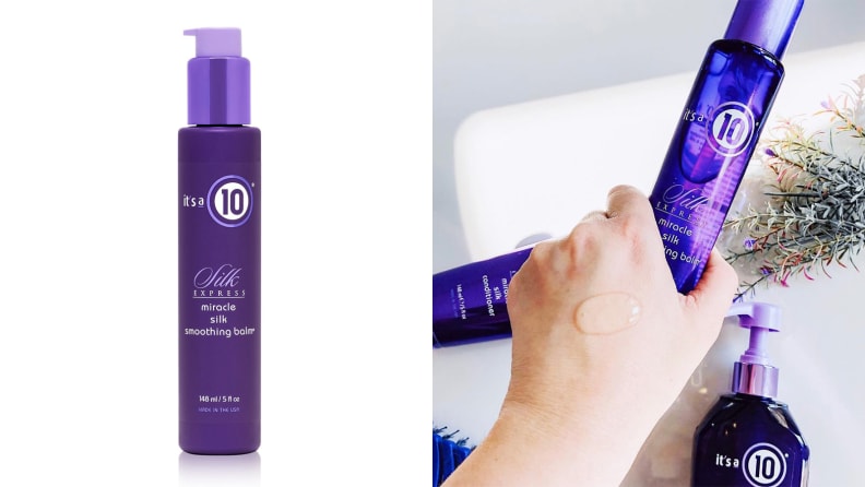 On the left: A slim purple pump bottle. On the right: A hand holding a purple pump bottle with a clear serum on the back of their hand.