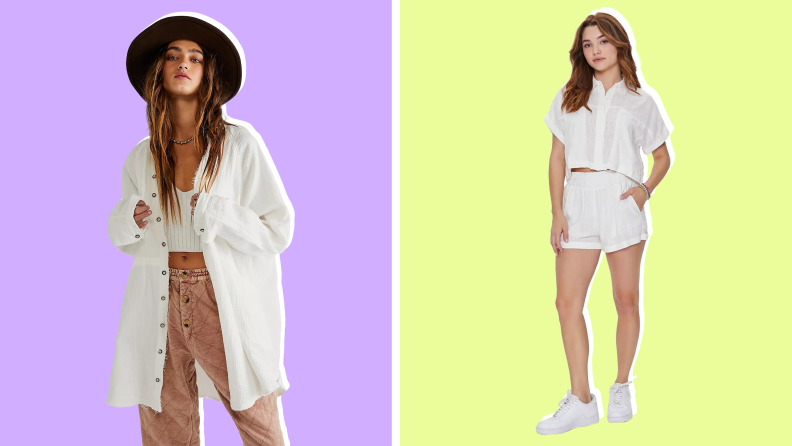 On left, model displaying oversized linen shirt. On right, model wearing white, two-piece linen shirt and short set?