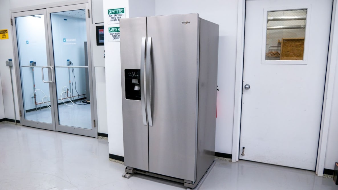 Stainless steel Whirlpool WRS331SDHM side-by-side refrigerator inside of testing lab.
