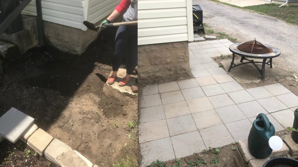 Side by side of beginning and finished patio