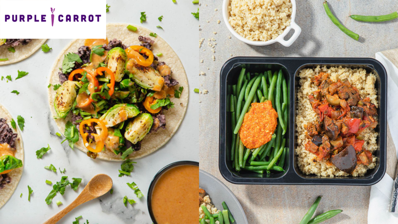 Left: plate of fresh vegan food. Right: microwave prepared meal with grains and vegetables