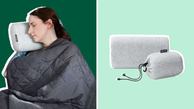 On left, person resting head on the gray Tuft & Needle Anywhere Travel pillow while under blanket. On right, product shot of the gray Tuft & Needle Anywhere Travel pillow.