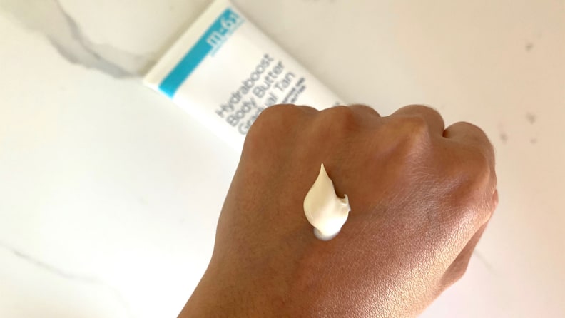 A swatch of the M-61 Hydraboost Gradual Tan Body Butter.