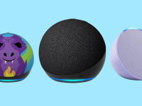 Amazon Alexa smart speakers including the kids Dot, the Echo and the Echo Pop sit on a blue background
