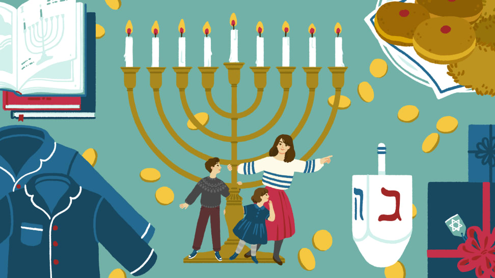 An illustration of a menorah and a mom and two children