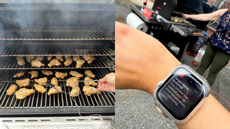 Left: chicken wings arranged inside the Masterbuilt grill. Right: Apple watch on wrist showing Masterbuilt app notifcation