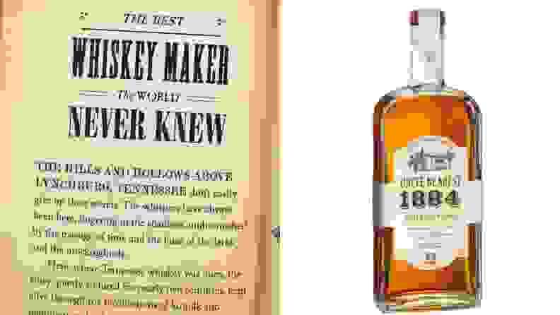 A page from a book talking about whiskey and a bottle of Uncle Nearest whiskey