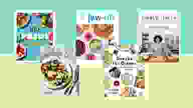 Five cookbooks arranged on a light blue and green background.