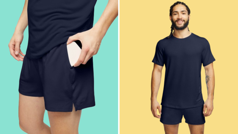 Collage image of a man putting a phone into the pocket of a pair of blue boxers, and a man wearing the same boxers with a matching T-shirt.