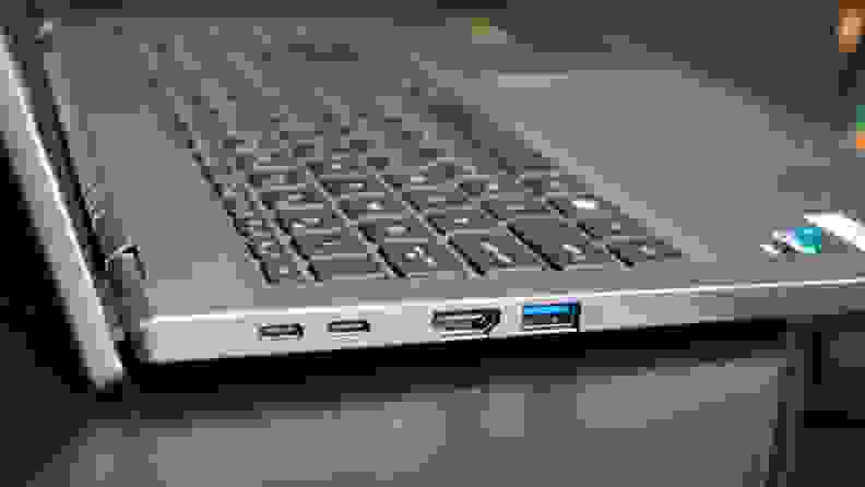 A side view of a laptop's connectivity ports.