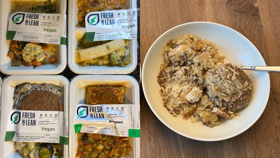 Four packaging of vegan Fresh N Lean meals next to a prepared meal in a bowl.