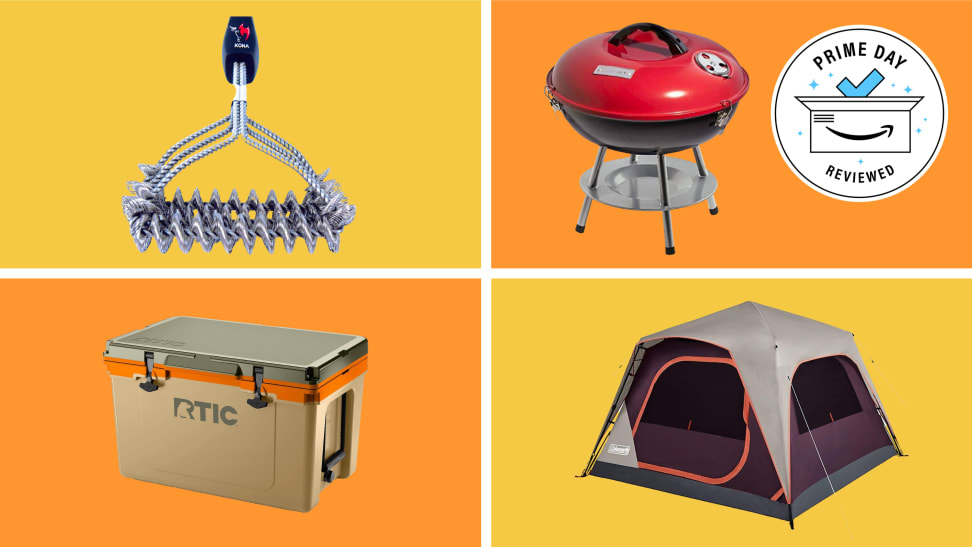 An orange and yellow collage with camping and grilling supplies.