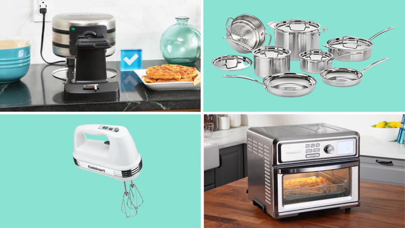 A collage of several Cuisinart products including a waffle maker, a cookware set, a handheld blender and countertop oven.