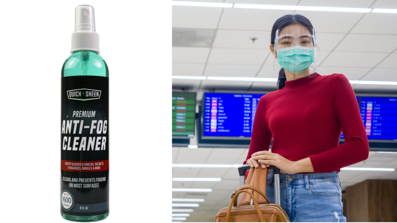 On left, product shot of quick sheen anti-fog spray. On right, woman standing next to suitcase in red long-sleeved shirt, mask and face shield at and airport.