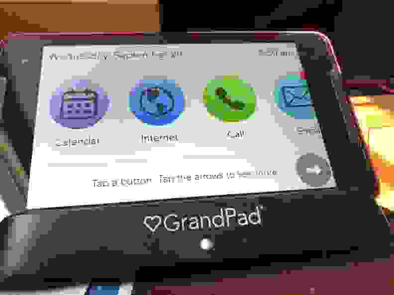 Homescreen of GrandPad tablet with calendar, internet, call and email functions on screen.