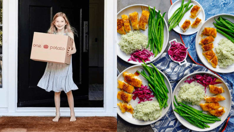 1) A child picks up a meal delivery kit box.  2) Five dinner plates with protein and vegetables.