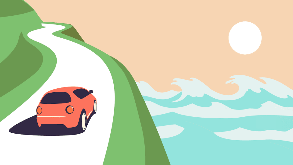 Cartoon of car driving along the coast on winding road.