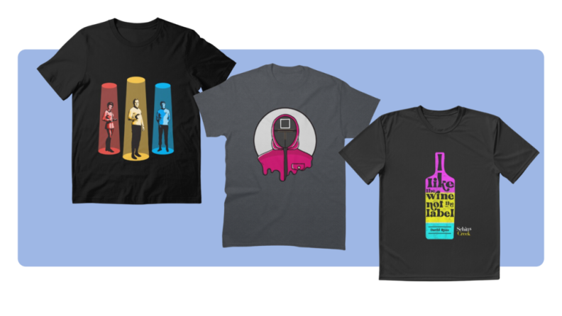 Three T-Shirts featuring designs from Squid Game, Star Trek, and Schitt’s Creek.