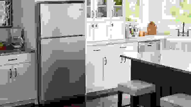 The Maytag MRT118FFFZ top-freezer fridge, installed in a modern kitchen.