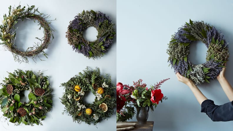 Two images of Christmas wreaths.