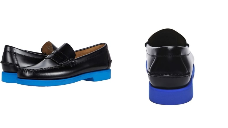 pair of Sebago penny loafers with blue outsole