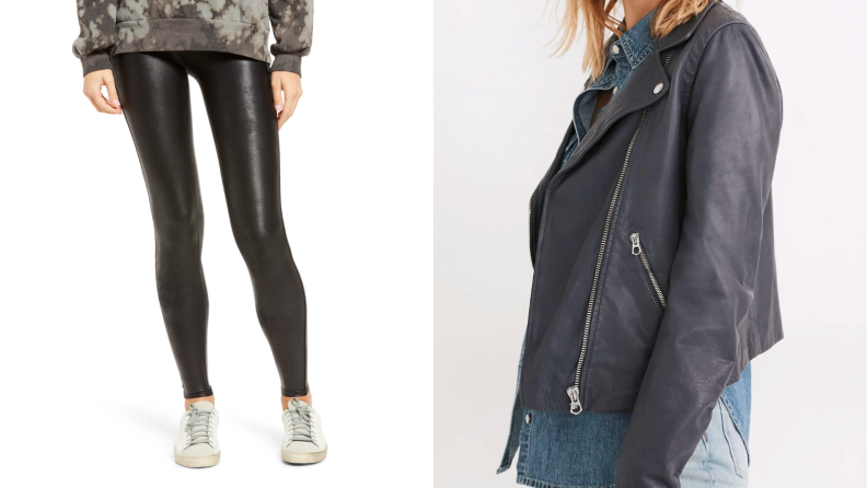 Two images of leather clothing, the first a pair of faux leather leggings and the second a washed leather jacket.