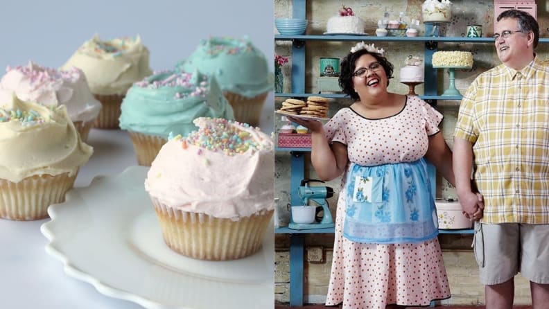 Left: Assorted cupcakes with pastel white, pink, and blue icing. Right: A portrait of chef Cheryl Day and her husband, co-owners of Back in the Day Bakery.