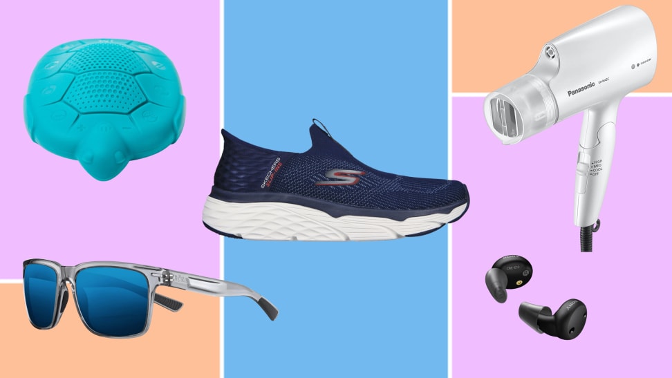 Roka sunglasses, Skechers Max Cushioning Advantageous Slip-Ins shoe, Sony CRE-E10 hearing aids, Zenimal Kids 2.0, and a Panasonic Nanoe hair dryer side-by-side on a blue, purple, and orange background.