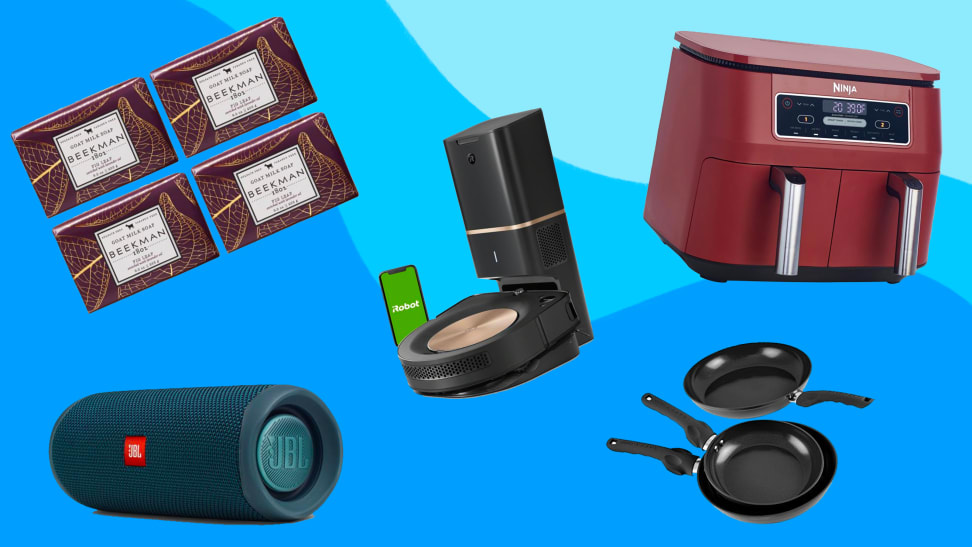 Beekman 1802 soaps, JBL speaker, iRobot, pans, and an air fryer on a blue background