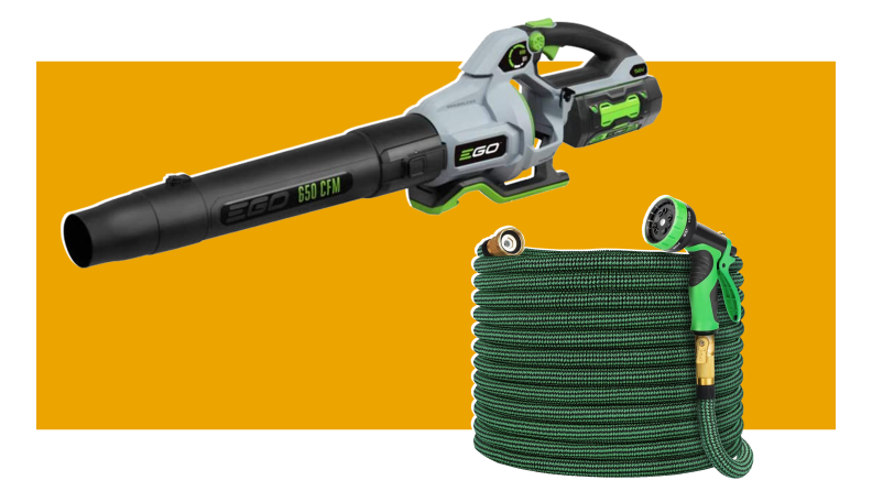 A leaf blower and a garden hose in front of a background.