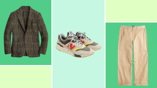 Collage images of a plaid blazer, color blocked new balance shoes, and khaki colored pants.