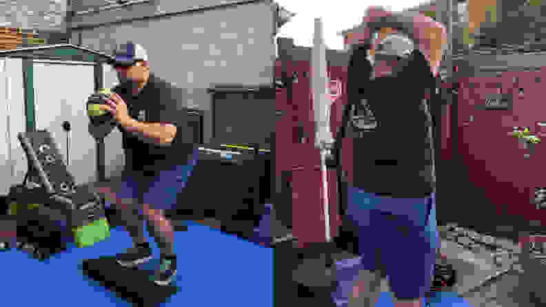 Right: Man doing squats with medicine ball. Left: Man exercising with macebell.