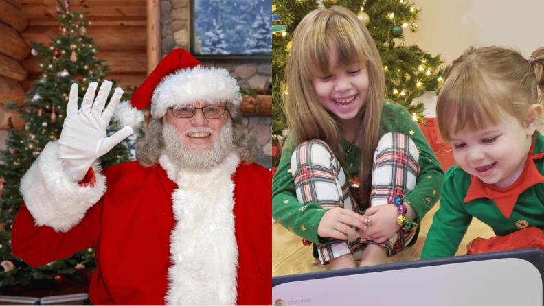 On the left: Santa Claus smiling and waving. On the left: two young girls wearing Christmas pajamas smiling at a laptop.